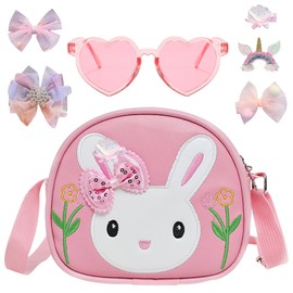 DAVBNM Girls Handbag, Adorable Rabbit Crossbody Bag, Cute Bunny Rabbit PU Leather Handbag, Girl Shoulder Bag with Heart-Shaped Sunglasses and 5 Hair Clips for Preschool Kids Toddlers Baby Girls, Pink