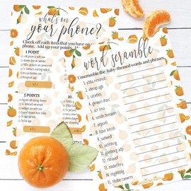 DISTINCTIVS Orange Little Cutie Baby Shower Games, What's On Your Phone and Word Scramble, 2 Game Bundle - 20 Dual Sided Cards, Cutie Gender Reveal Party