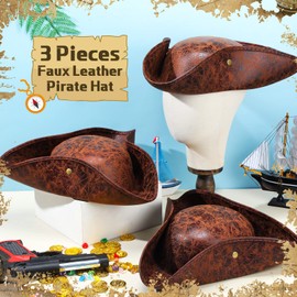 Jadive Faux Leather Pirate Hat 3 Pieces Tricorn Hat Pirate Costume Accessories Colonial Style Small Brown Hat for Women Men