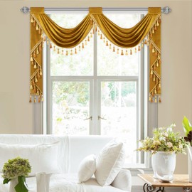 VOGOL Retro Gold Velvet Valances for Hotel, Thermal Insulated Privacy Waterfall Valance with 2 Swags, Vintage Style Rod Pocket Window Treatments for Farmhouse, 59 Inches Wide