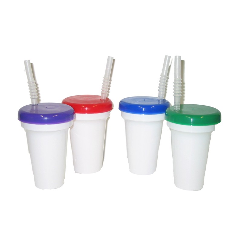 White Sipper Cups, Green Purple Red Blue Lids 12 Ounce