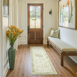 jinchan Runner Rug 2x6 Washable Hallway Runner- Spring Floral Non Slip Low-Pile Soft Thin Kitchen Rug Distressed Carpet for Entryway Farmhouse Bedroom Laundry Room(2x6ft,Yellow Green/Teal)