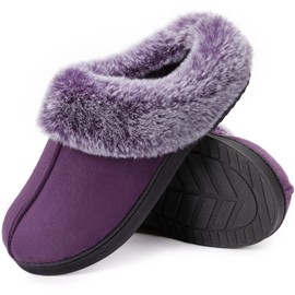 HomeTop Women's Classic Microsuede Memory Foam Slippers Durable Rubber Sole with Warm Faux Fur Collar (7-8 M, Purple)