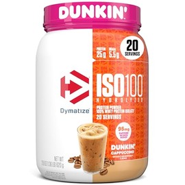 Dymatize x Dunkin' Cappuccino ISO100 Whey Protein Powder, 95mg Caffeine, 25g of Protein5.5g BCAAs, 120 Cal., Gluten Free, 1g Fat, 1g Sugar, 2g Carb (2