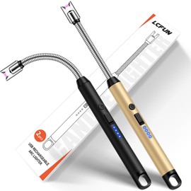 Upgraded 2 Pack Electric Candle Lighter with 360° Flexible Neck & Safety Lock, Windproof USB Rechargeable Flameless Arc Long Lighters for Grill, BBQ, Camping, Fireplace, Stove (Black & Gold)