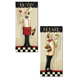 French Le Vin and Le Cafe Chef Panel Prints by Lisa Audit; Kitchen Decor; Two 8x18in Paper Poster