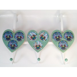 Overdoor hook heart shaped wooden (Lichen green, Pansy flower)