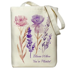 itgowisa Elegant Watercolor Floral Tote Bag for Women - Bloom Where You're Planted - 15.7" Large Canvas Tote with Zipper Closure, Reinforced Handles, Inner Pocket - Gardening, Work, Travel, Beach Bag