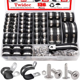 Twidec/136PCS Cable Clamps Assortment Kit 304 Stainless Steel Rubber Coated Cushion Clamps 10 Sizes 1/4" 5/16" 3/8" 1/2" 5/8" 3/4" 1" 1-1/4" 1-1/2" 1-3/4" With Screw For Automotive Wire Pipe Clamps