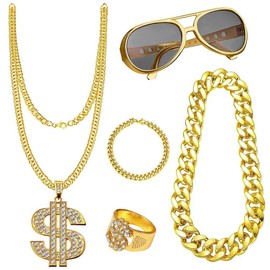 Domchan 80s 90s Retro Hip Hop Accessories Bundle - 4 Piece Costume Jewelry Set with Faux Gold Chains, Punk Sunglasses & Dollar Sign Ring for Men Women, Rapper Party Outfit