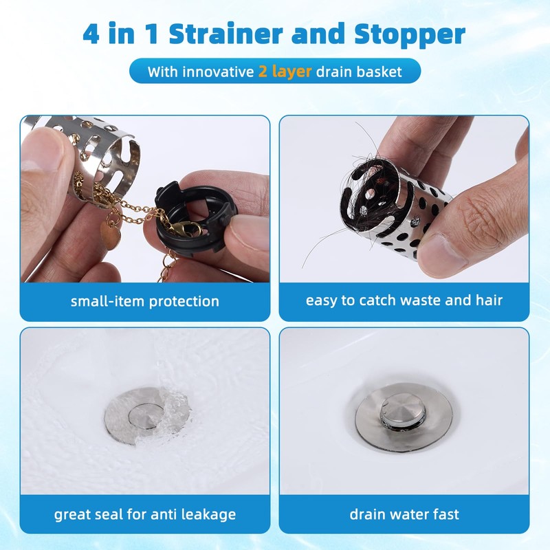 Universal Bathroom Sink Stopper Hair Catcher Upgraded with 2-Layer Detachable
