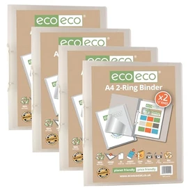 eco-eco A4 95% Recycled Presentation 22mm Spine 2 Ring Binder Clear, Pack of 4, eco112x4