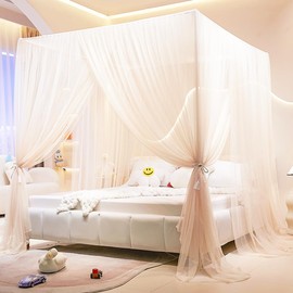Akiky Princess Canopy Bed Curtains 4 Corners Post Mosquito Net - Cozy Drape Netting 4 Opening Bed Canopy Curtain for Girls Bed Boys Adults (Full,Beige)