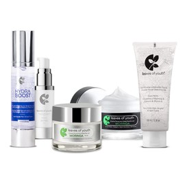 Leaves of Youth Kit Cremas Faciales Hidratantes Antiarrugas con Ácido Hialurónico, Moringa, SPF, Colágeno: Crema Día, Crema Noche, Gel Ultra Hidratante, Crema de Ojos, Gel Limpiador Micelar