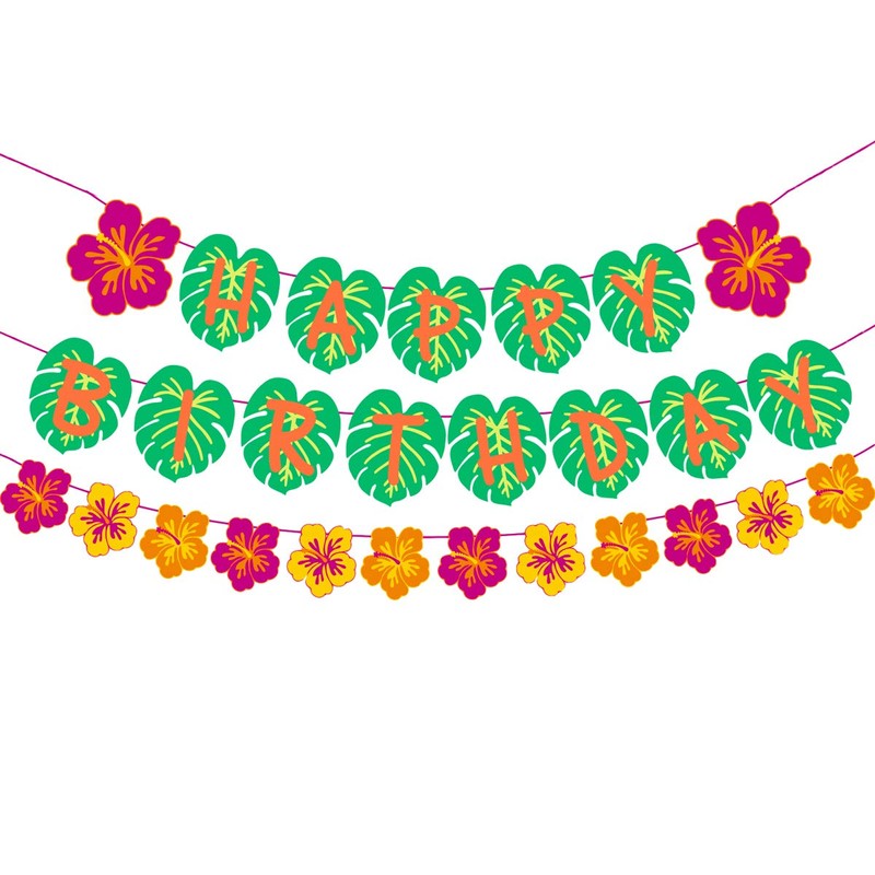Hawaiian Party Happy Birthday Banner for Tropical Luau Party Palm