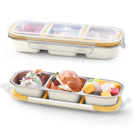 CHENGU 2 Pcs Stainless Steel Snack Containers - Reusable 3 Compartments Condiment Box with Lids, Grab and Go Divided Food Storage Containers Sauce Cups for Travel, Home, Outdoor (Cream White)