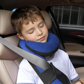 WENRENER Kids Travel Neck Pillow, Soft Kids Travel Pillow for Head, Neck, Chin, Size-Adjustable Toddler Pillow with Comfortable Support in Car Seat, Airplane & Road Trip, Black & Light Blue