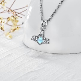 LOOVE Thor Hammer Necklace for Women Sterling Silver Mjolnir Necklace for Men Nordic Protection Amulet Viking Hammer Pendant Moonstone Thor Hammer Jewelry