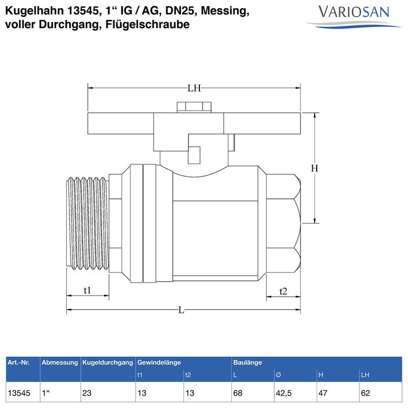 VARIOSAN Ball Valve 13545, 1 Inch Female Thread / AG,