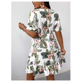 SOLY HUX Women's Plus Size Boho Floral Print Short Sleeve Dress Ruffle Hem V Neck Short Dresses Multicolor XX-Large Plus