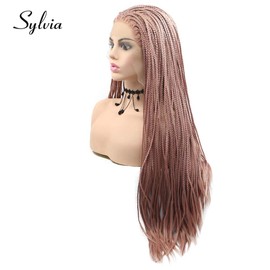Sylvia Peach Pink Box Braided Synthetic Lace Front Wigs 260% Density Micro Braiding Free Parting Heat Resistant Fiber Hair for Woman