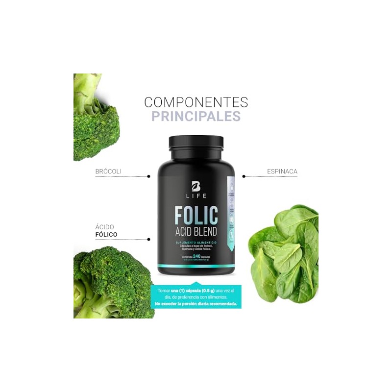 Ácido Fólico 240 Cápsulas Brócoli Espinaca Ingredientes Naturales Folic Acid