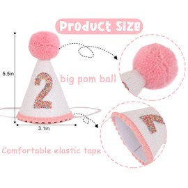 LINLULU Sombrero de cumpleaños para niñas, Sombrero de cumpleaños con Purpurina con pompón Rosa, decoración de cumpleaños para niñas (Sombrero de Segundo cumpleaños)