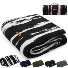 Molithe 100% Wool Blanket, 48" x 62", Warm, Thick, Washable, Military Wool Blanket, Great for Camping, Outdoors, Sporting Events, Survival Kits,Black White Striped