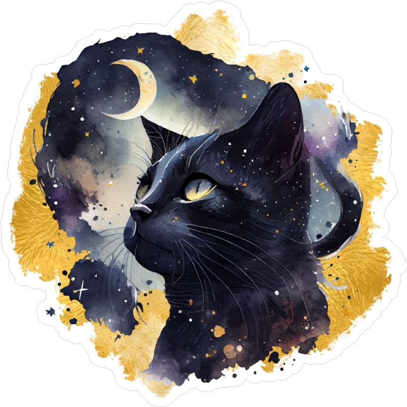 Black Cat Midnight Cosmic Gold Pattern Sticker Cute Unique Design