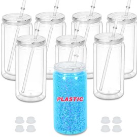 Maucircol 16 Oz Plastic Snowglobe Tumbler, 8 Pack Pre-Drilled Double Wall Plastic Clear Cup for Glitter Snow Globe Diy, Double Wall Snowglobe Cup with Clear Lid