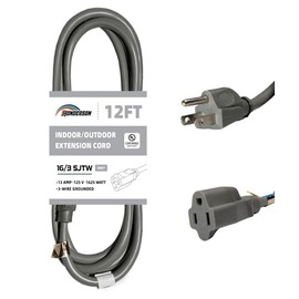 HONDERSON Indoor Outdoor Extension Cord Weatherproof, UL Listed, 16 Gauge 12FT Grey 3 Prong Heavy Duty Extension Cord, 16/3 SJTW 13A Power Extension Cord for Outdoor Lights, Appliances, Lawn