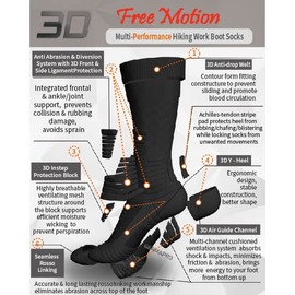 GermaPro Black/White Hiking Work Boot Cushion Socks for Men & Women w/Anti-Blister Moisture Wicking Functional Fabric 2 pairs