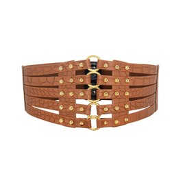 XFSRG Women's Belt Wide Elastic PU Leather Cut Out Rivets Adjustable with Buckle Vintage Waist Belt Waist Belt Corset Belt for Women Dresses Elastic Belt, gold, One size fits all