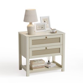 GRUSIGN Nightstand with Drawers and Storage Shelf - Large Nightstands Rattan Decor Boho Bedside Table Narrow Side Table for Bedroom, White