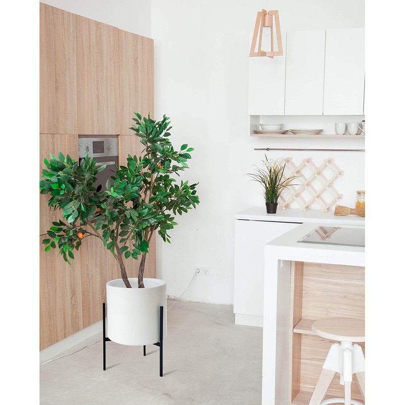 Modern White Plants Pot Cylinder Planter with Heavy Duty Stand,