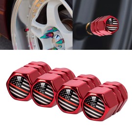 x xotic tech 4pcs American Flag Tire Valve Stem Cover Caps Anodized Aluminum Alloy, Corrosion Resistant Leak-Proof Wheel Valve Cap Set, Universal for Cars Trucks Motorcycles SUVs (Red Thin Line)