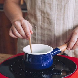 YumCute Home Enamel Milk Pan, Mini Butter Warmer 4 Inch 17 Oz Milk Pot Enamel Sauce Pan Milk Warmer Pot Small Cookware with Wooden Handle, Perfect Size for Heating Smaller Liquid Portions. (Blue)