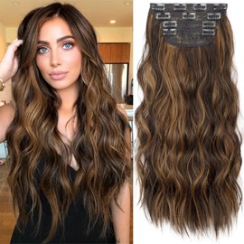 KooKaStyle Clip in Long Wavy Synthetic Hair Extension 20 Inch 4PCS Balayage Dark Brown to Chestnut Hairpieces Fiber Thick Double Weft Hair Extension for Women