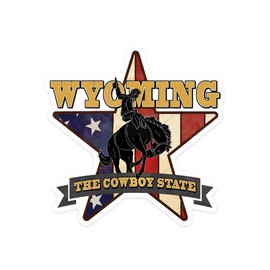 Die Cut Sticker Wyoming, Bucking Bronco with Star and Flag, Contour Vinyl Sticker 1 to 3 inches (Waterproof Decal for Cars, Water Bottles, Laptops, Coolers), Small