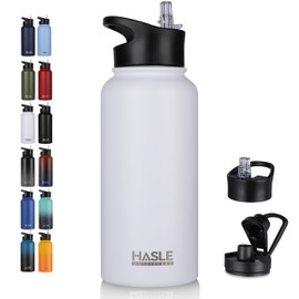 HASLE OUTFITTERS 32 oz Insulated Water Bottle Stainless Steel Double Walled Vacuum Sports Water Bottle with 2 Lids (Straw and Spout Lid) for Gym Camping Hiking(White,1)