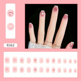 Pink Press on Nails Coffin Short 24Pcs Glossy Full Cover Acrylic False Nails with Heart Designs Artificial Square Fake Nails Sets with Glue Stick on Valentine's Day Fingernails for Women Girls