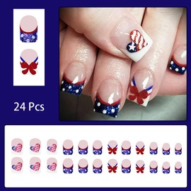 24 Pcs 4th of July Press on Nails Short Square Independence Day Fake Nails French Tip False Nails with Glitter Design Heart American Flag Stick on Nails Full Cover Acrylic Nails for Women