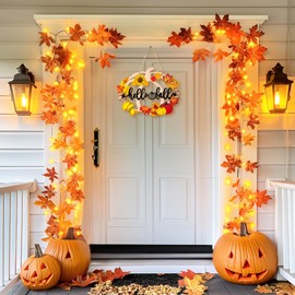 Walsis Fall Wreaths for Front Door: Hello Fall Pumpkin Hanging Decor -14.6 Inch Pumpkins Decorations Maple Leaf Sign for Thanksgiving Harvest Autumn Farmhouse Signs Outdoor Wall Window Hanger