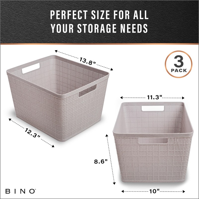 BINO | Woven Plastic Basket | Large (Natural Grey), 3-Pack
