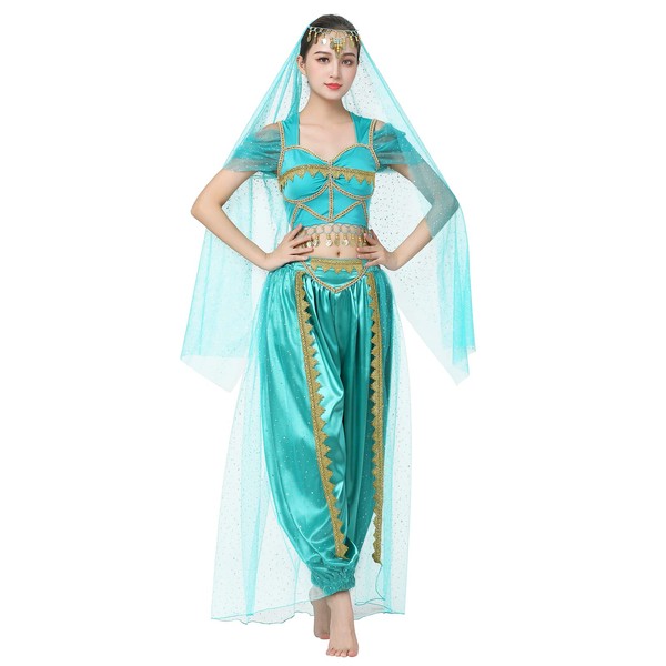IWEMEK Women's Aladdin Costume Adult Arabian Jasmine Princess Dress Crop Top + Trousers + Scarf Fairy Tale Cosplay Halloween Carnival Costumes Fancy Dress Party Outfits Blue M
