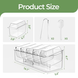 MIKESIER Ice Chilled Condiment Caddy, Condiment Tray Server with 5 Containers Lids, Fruit & Garnish Tray for Party Supplies & Bar Accessories, Set of 5 Serving Spoons & 2 Tongs Included