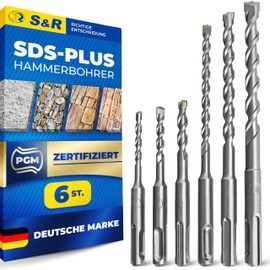 S&R Hammer Drill Bit Masonry Drill Bit 6 Piece SDS PLUS Drill Bit Set for Hammer Drills 5, 6, 8 x 110 mm, 6, 8, 10 x 160 mm, Impact Drill Bit for Concrete, Granite and Stone, PGM Controlled