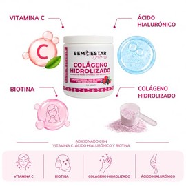 Colágeno Hidrolizado + Ácido Hialurónico + Vitamina C + Biotina +Vitamina E | 500 gramos | 50 Porciones | Sabor Frutos Rojos | Sin Azúcar | Bemestar W