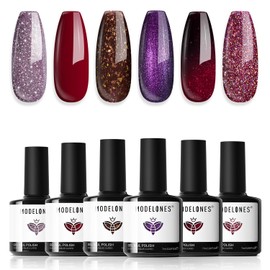 Modelones Glitter Gel Nail Polish 6 Colors Red Purple Brown Glitter Gel Nail Polish Set Burgundy Sparkle Shimmer Gel Polish Kit Soak Off UV Nail Art DIY Salon Gifts For Women Girl