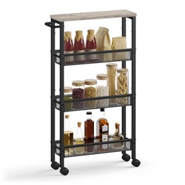 VASAGLE Slim Rolling Cart, 4-Tier Storage Cart, Narrow Cart with Handle, 5.1 Inches Deep, Metal Frame, for Kitchen, Dining Room, Living Room, Home Office, Heather Greige and Classic Black ULRC032K01